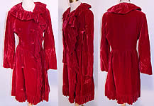 Vintage Donald Brooks Red Velvet Ruffle Double Breasted Evening Dress Coat.