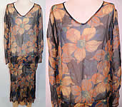 Vintage Black & Yellow Floral Poppy Print Silk Chiffon Drop Waist Dress