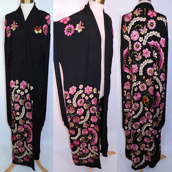 Vintage Art Deco Black Silk Floral Embroidered Piano Shawl Long Robe Coat. This vintage Art Deco black silk floral embroidered piano shawl long robe coat dates from the 1920s.