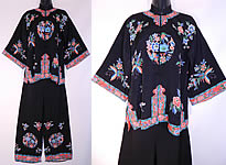 Vintage Chinese Black Silk Screen Floral Butterfly Pajama Lounge Set.