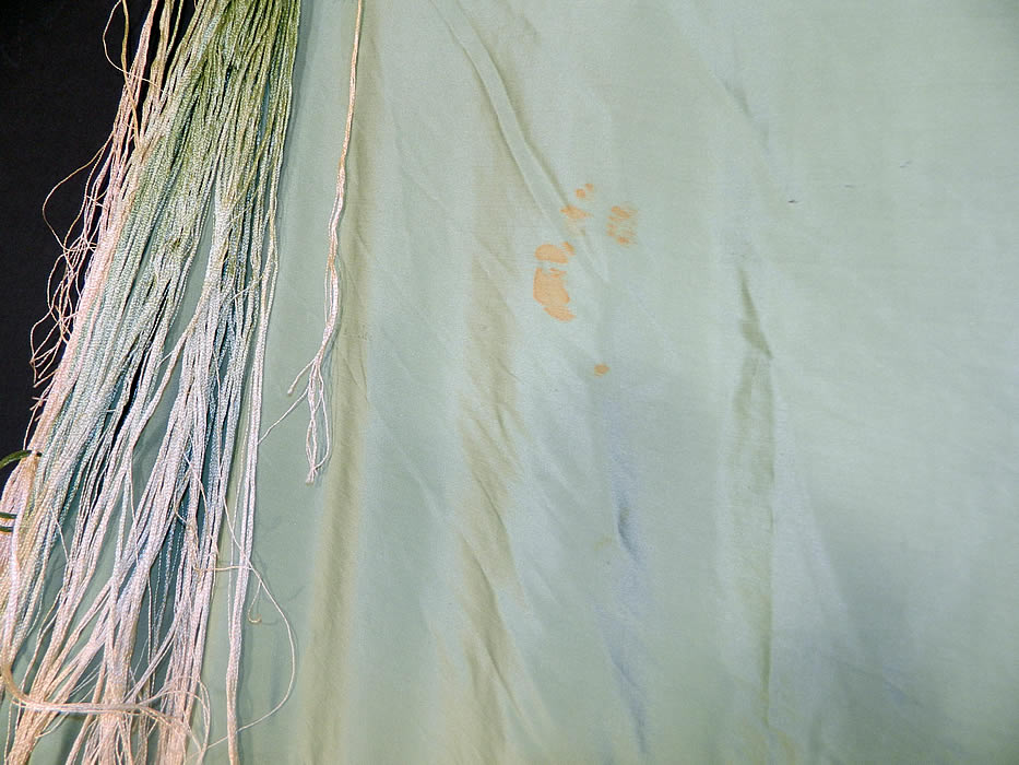 Vintage Mint Green Silk Floral Embroidered Fringe Round Piano Shawl. This beautiful bohemian Art Deco flapper shawl is in good condition, with only a few tiny pin holes and a small age spot stain near the center.