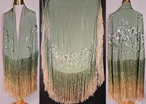 Vintage Mint Green Silk Floral Embroidered Fringe Round Piano Shawl. 