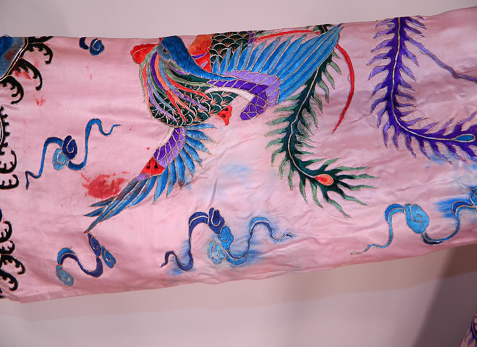 Antique Chinese Pink Silk Embroidered Phoenix Bird Opera Robe Coat. It is in good condition, with some color bleeding stains along one sleeve. 