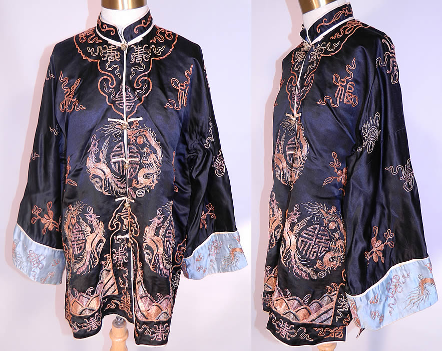 Vintage Chinese Couching Embroidered Ji Luck Phoenix Dragon Robe Jacket.  This vintage Chinese couching embroidered Ji luck phoenix and dragon robe jacket dates from the 1930s. 