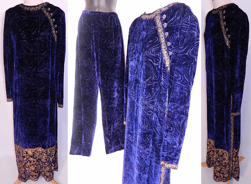 Vintage Oscar de la Renta Painted Voided Velvet Chinese Cheongsam Dress & Pants. It is made of a dark sapphire blue color silk voided velvet fabric with an abstract swirling burnout pattern design. There is gold hand painted detailing along the neckline cuffs and bottom skirt which resemble Italian Venetian Fortuny style painted textile designs. 