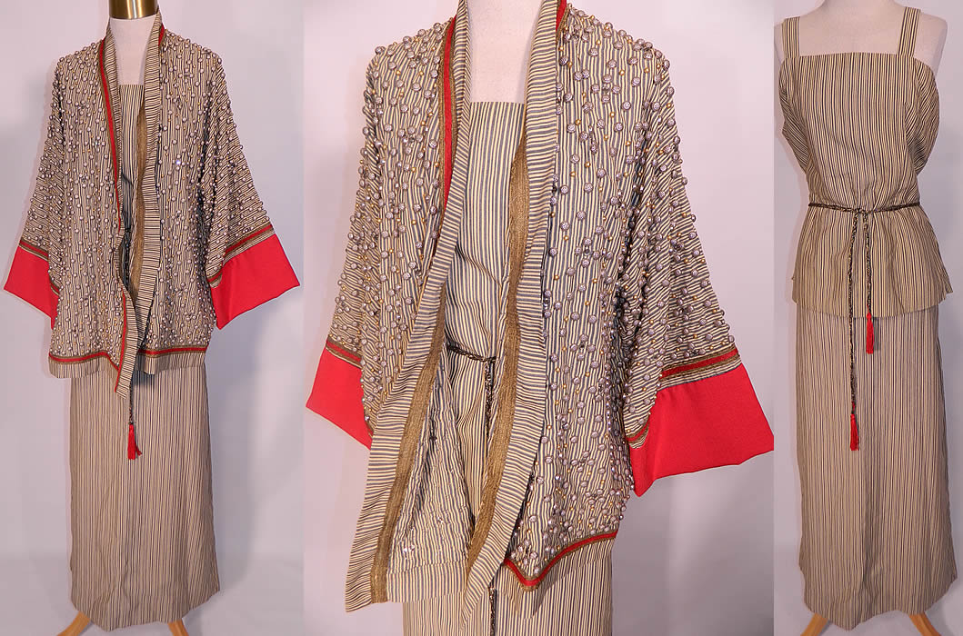 Vintage Mr John I Magnin & Co Silk Stripe Dress & Beaded Kimono Jacket. There is a long sleeveless shell top blouse, with long floor length maxi skirt, both with zipper closures, a gold rope tie belt with red tassel ends and a loose fitting kimono style jacket completely covered with silver, gold, rhinestone studded beads, red silk, gold metallic lamé trim edging and has an open front with no closure.