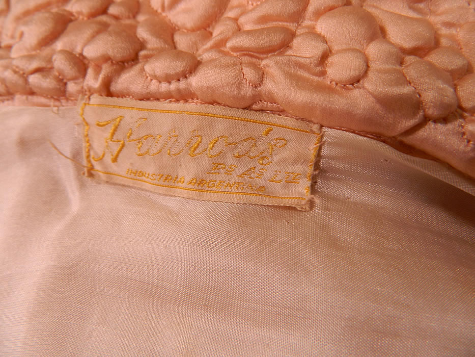 Vintage Harrods Pink Silk Quilted Gold Trim Stitched  Peignoir Robe Dressing Gown. There is a "Harrods Argentina" store label sewn inside.