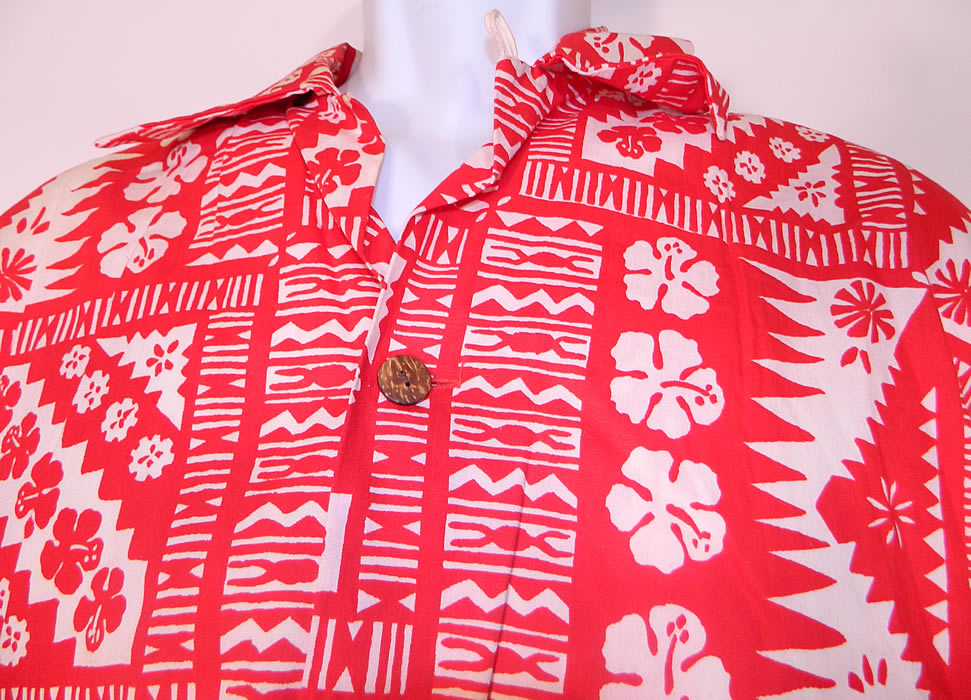 Vintage Alfred Shaheen Hawaiian  Hibiscus Print Cotton Aloha  Shirt & Red Pants. It is made of a red & white Hawaiian hibiscus floral tapa cloth print cotton fabric. This amazing Aloha shirt mens outfit has a coconut button front, two large patch pockets on the bottom front, button collar and short sleeves. 