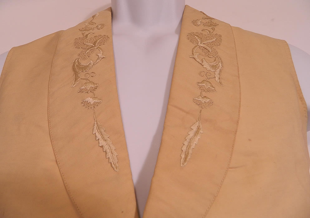 Victorian Gentleman's Cream Wool Embroidered Wedding Waistcoat Vest. This antique Victorian era gentleman's cream wool embroidered wedding waistcoat vest dates from the 1850s. 