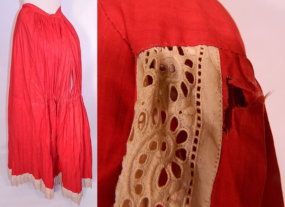 Victorian Maternity Red Cotton Cream Lace Bustle Gown Dress. It is in good condition, with some fraying of the red silk ribbon back tie and a small frayed hole on the shoulder (see close-up). This is truly a rare and wonderful piece of antique Victoriana maternity wearable art! 