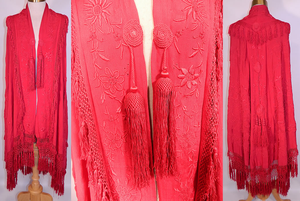 Antique Edwardian Red Silk Embroidered Tassel Piano Shawl Cloak Cape. v