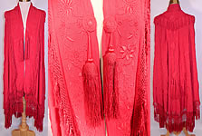 Antique Edwardian Red Silk Embroidered Tassel Piano Shawl Cloak Cape