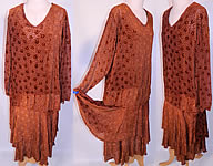 Art Deco Vintage Brown Silk Polka Dot Burnout Voided Velvet  Drop Waist  Dress