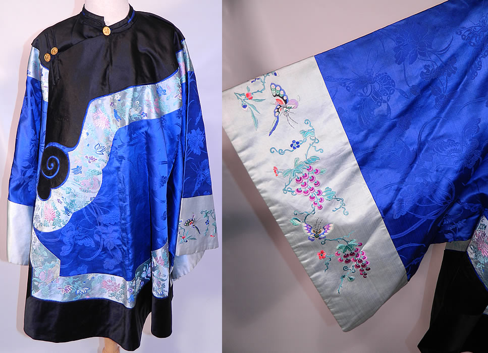 Antique Chinese Royal Blue Silk Brocade Embroidered Butterfly Sleeve Band Robe Coat. This antique Chinese royal blue silk brocade embroidered butterfly sleeve band robe coat dates from 1910, the late Qing Dynasty. It is hand stitched, made of a bright royal blue silk damask peony & butterfly brocade pattern fabric. There is black silk cut work applique trim and pastel silk flower brocade ribbon trim edging. 