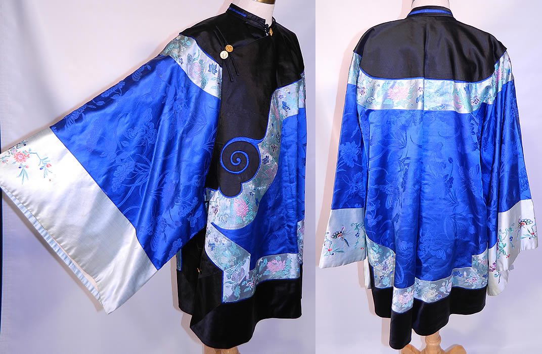 Antique Chinese Royal Blue Silk Brocade Embroidered Butterfly Sleeve Band Robe Coat. There are light blue silk, colorful embroidered wide sleeve band cuffs, with butterflies and grape vine leaf designs. 