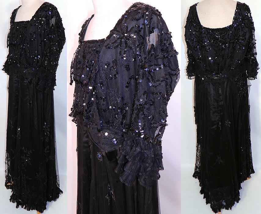 Edwardian Titanic Black Net Jet Beaded Sequined Evening Gown Dress. It is fully lined, with wonderful construction details and is quite heavy. The dress is a large size, measuring 55 inches long, with a 34 inch waist and 38 bust. It is in good condition, with only a few tiny holes in the net. This is truly a rare and exceptional piece of wearable beaded art! 