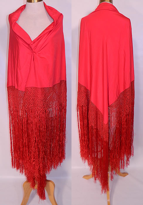 Antique Art Deco Red Silk Macrame Fringe Flapper Piano Shawl. This vintage antique Art Deco red silk macrame fringe flapper piano shawl dates from the 1920s. It is made of a radiant red silk fabric, with matching red hand knotted macrame silk fringe trim edging which measures 25 inches long surrounding the entire shawl. 