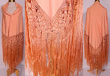 Antique Art Deco Pastel Peach Silk Macrame Fringe Flapper Piano Shawl