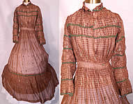 Victorian Civil War Brown & White Plaid Muslin  Green Floral Trim Embroidered Dress