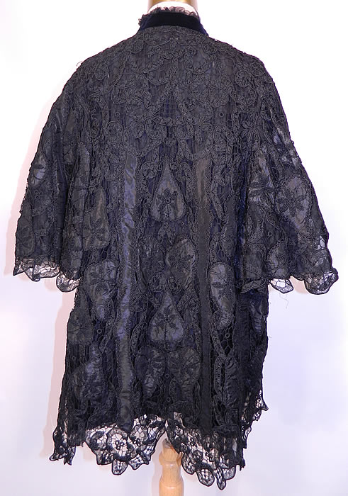 Victorian Fuchs & Rosenberger Berlin Black Silk French Knot Battenburg Tape Lace  Coat. The coat measures 30 inches long, with 48 inch hips, a 48 inch waist, a 40 inch bust and 15 inch back. 