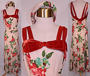 Vintage Red Roses Silk Crepe Bias Cut Belted Dress & Hat