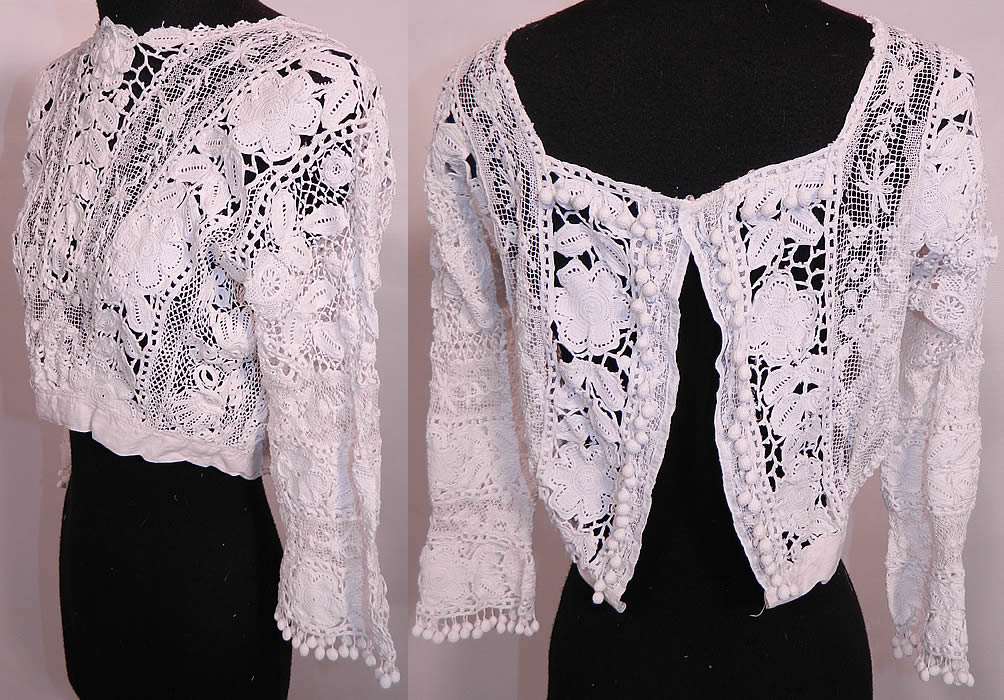 Edwardian Antique White Irish Crochet Tape Lace Bodice Blouse. It is sheer and unlined. The blouse measures 15 inches long, with a 24 inch waist, 34 inch bust, 14 inch back and 15 inch long sleeves. 