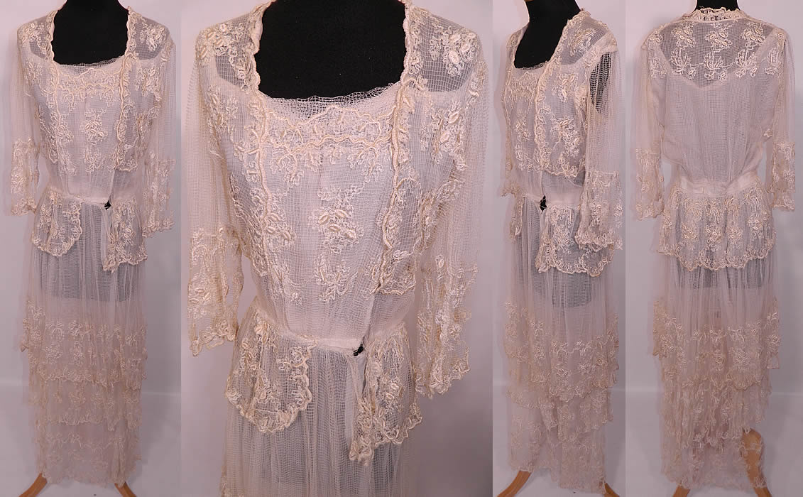 Edwardian Titanic Embroidered Ecru  Net Crochet Filet Lace Dress. This exquisite vintage Edwardian Titanic era embroidered ecru net crochet filet lace dress dates from 1912. It is made of an off white ecru cream color fine sheer mesh net fabric with embroidery work, filet lace details.