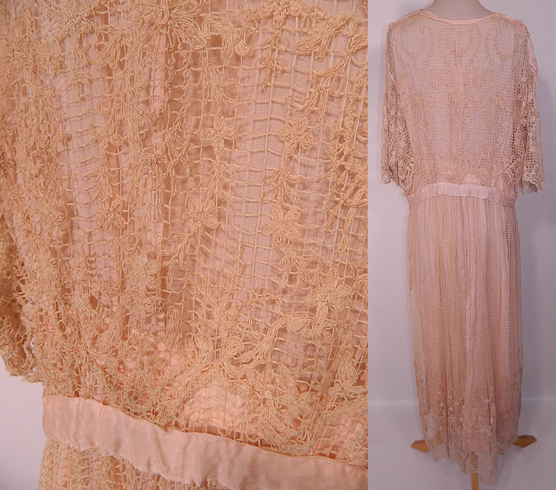 Edwardian Titanic Pink Silk Ecru Net Crochet Filet Lace Dress. This lovely lace dress is a long tea length, with a squared neckline, pink silk waistband, 3/4 length sleeves and snap hook closures along the front side. The dress measures 52 inches long, with a 30 inch waist, 38 inch bust and 16 inch back. It is in good condition, with only missing closure at the waist. This is truly a wonderful piece of wearable lace art! 