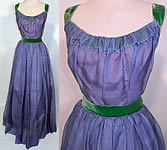 Vintage Blue Organdy Pink Taffeta Green Velvet Trim Formal Gown Dress