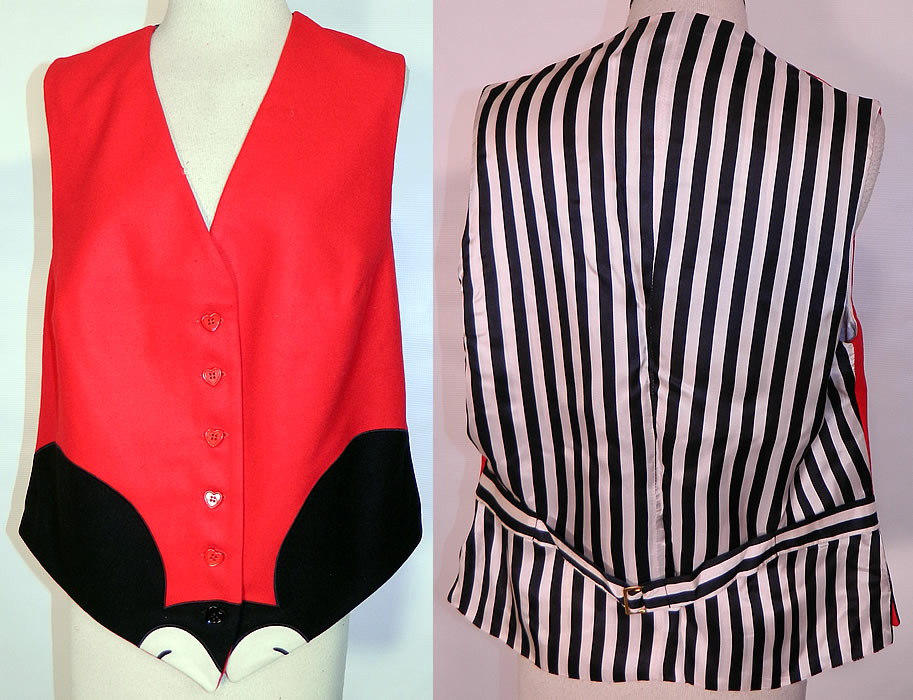 Vintage Cheap & Chic Moschino Black & White Red Wool Mickey Mouse Vest Top. This vintage Cheap and Chic by Moschino black & white red wool Mickey Mouse vest top dates from the 1988. It is made of a red wool front, with black applique stitched mouse ears and a black & white striped silky fabric backing.