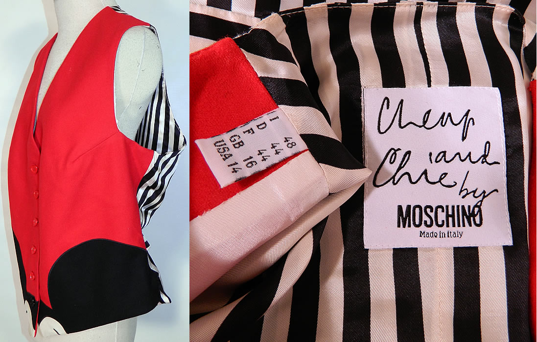 Vintage Cheap & Chic Moschino Black & White Red Wool Mickey Mouse Vest Top. There is a "Cheap and Chic by Moschino Made in Italy" designer label, US size 14 tag sewn inside. The vest measures 24 inches long, with a 40 inch waist and 40 inch bust. It is in excellent condition.