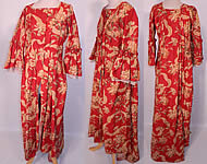 Victorian Red & Gold Carnation Flower Watteau Train Dressing Gown Robe Dress