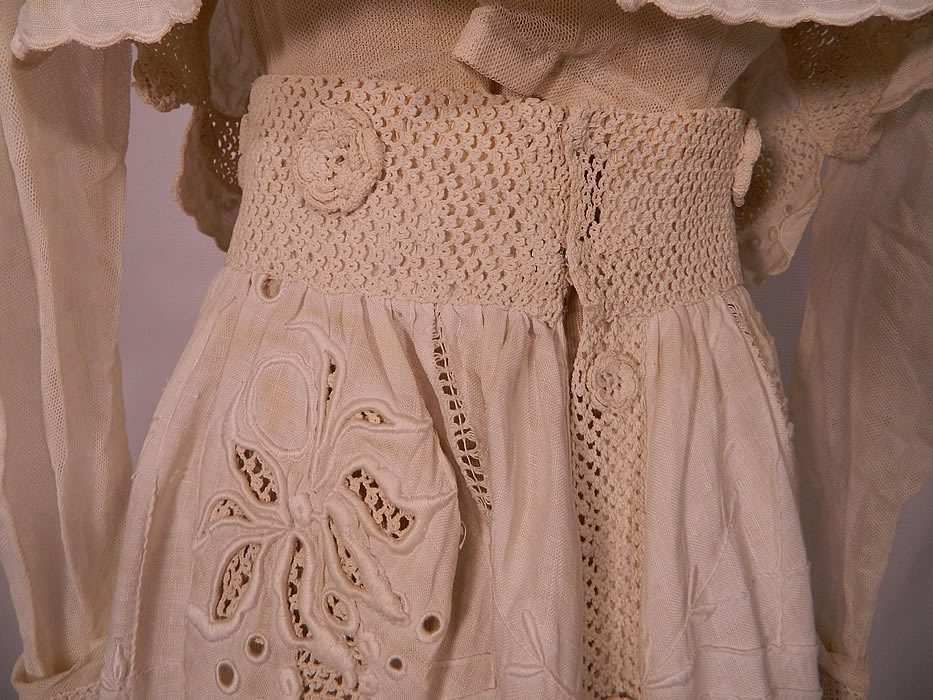 Edwardian White Linen Eyelet Embroidered Irish Crochet Lace  Dress Blouse & Skirt. It is in good condition, with only a few faint small age spot stains on the back skirt waist. This is truly an extraordinary piece of wearable antique lace textile art!  