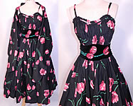 Vintage Black Pink Tulip Cotton Print Sequin  Circle Skirt  Dress & Stole Shawl