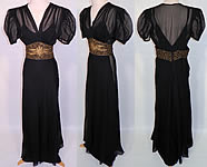 Vintage Black Silk Chiffon Gold Lamé Soutache Belted Evening Gown Dress & Slip