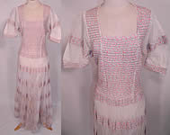 Vintage Pleated White Net Ribbon Floral  Print  Striped Trim Dress