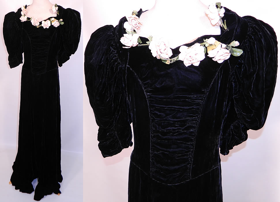 Vintage Black Velvet Pink Roses Flower Trim Evening Gown Dress. This vintage black velvet pink roses flower trim evening gown dress dates from the 1940s. It is made of a luxurious black velvet fabric, with ruched smocking pleated gathers on the front top and shoulders.