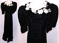 Vintage Black Velvet Pink Roses Flower Trim Evening Gown Dress