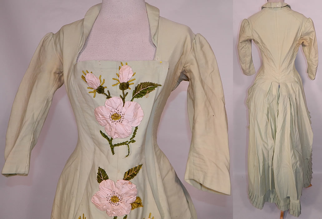 Victorian Pastel Mint Green Wool Pink Silk Rosette Flower Bustle Gown Dress