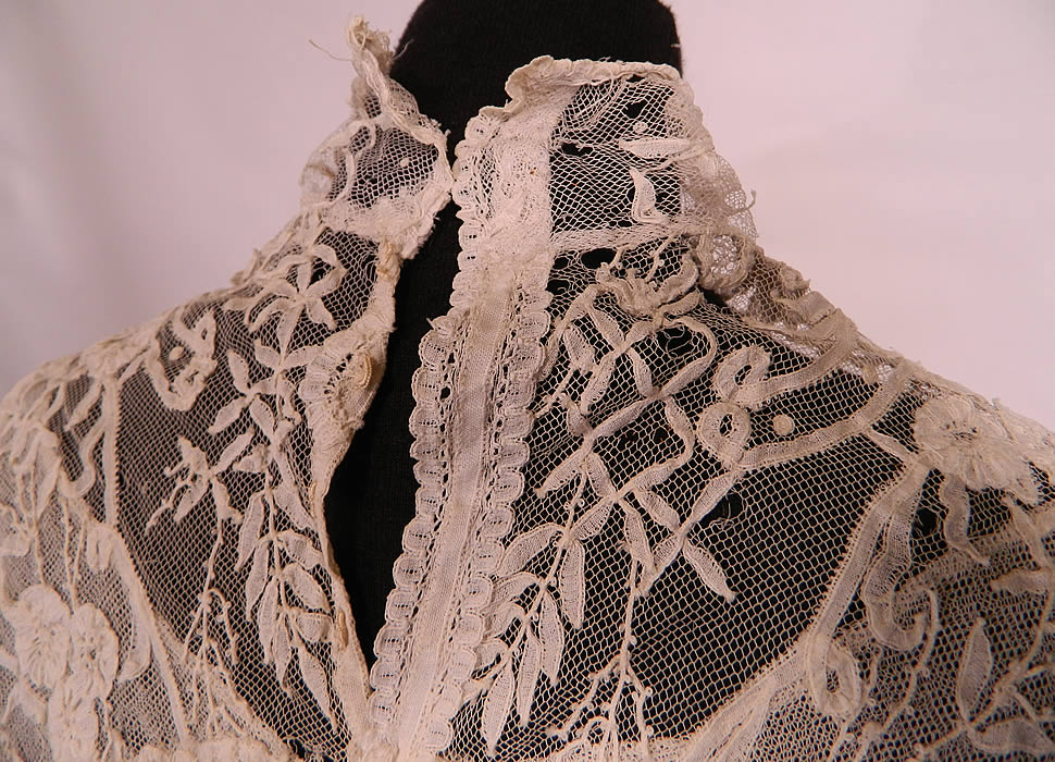 Victorian Princess  Brussels Bobbin Tape Lace White Net Shirt Blouse. It is in as-is fair condition, with several small holes in the net and a tiny age spot stain on the collar (see close-ups). This is truly a rare and wonderful piece of wearable antique lace art! 