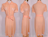 Vintage Peach Pastel Silk Chiffon White Lace Trim Belted Summer Day Dress