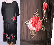 Vintage Black Silk Chiffon Red Roses Ribbon Rosette Trim Drop Waist Dress