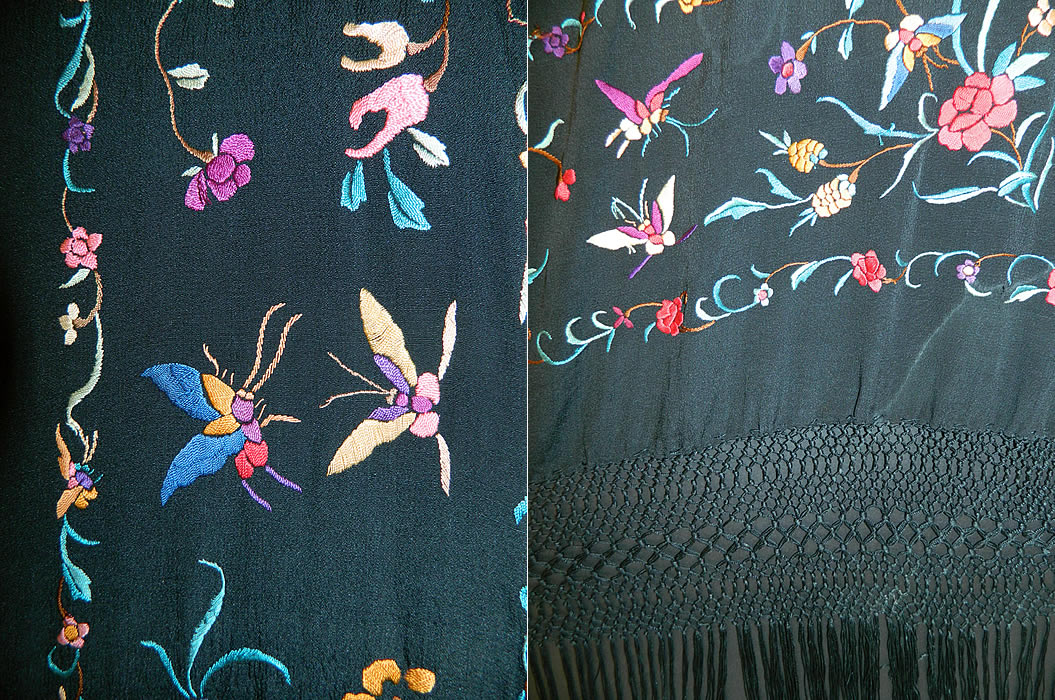 Antique Floral Red Roses Butterflies Silk Embroidered Canton Piano Shawl. The shawls fabric square measures 62 by 62 inches. This quality made Manton Canton Chinese Cantonese made Spanish Flamenco Frida Kahlo boho style shawl is in excellent condition. This is truly a wonderful piece of wearable textile art! 