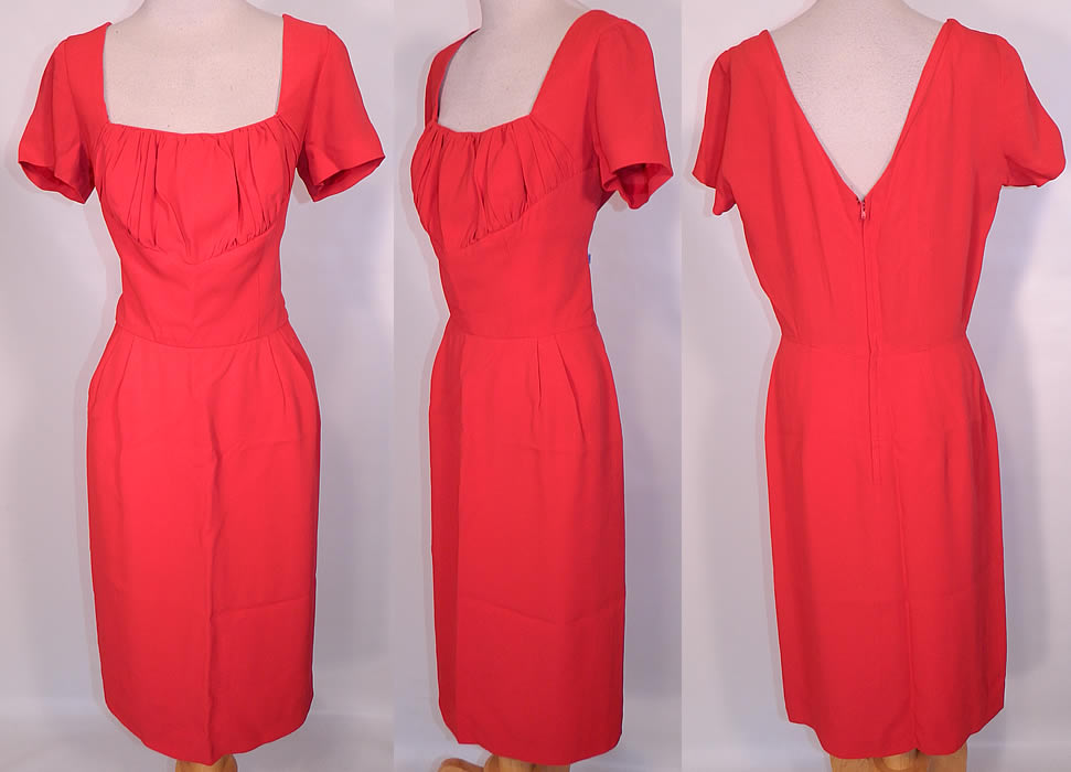 Vintage Don Loper Originals Red Silk Crepe Cocktail Sheath Dress. This vintage Don Loper Originals red silk crepe cocktail sheath dress dates from the 1950s. It is made of a red silk crepe fabric.