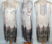 Vintage White Silk Rhinestone Silver Beaded Fringe Flapper Drop Waist Dress