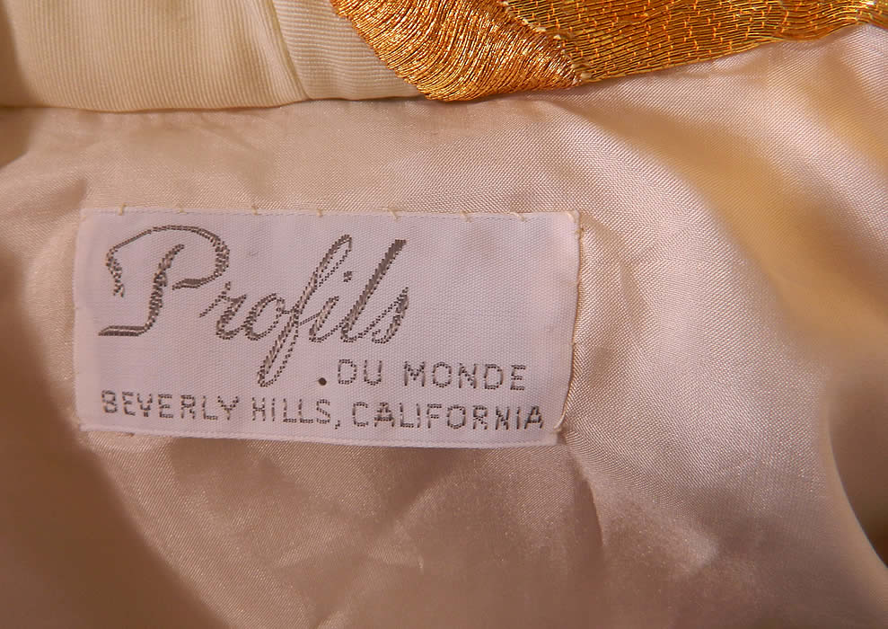 Vintage Profils Japanese Uchikake Wedding Kimono Gold Crane  Embroidered Coat. There is a "Profils Du Monde Beverly Hills, California" designer label sewn inside. 