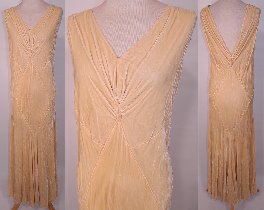 Vintage Art Deco Cream Silk Velvet Sexy Bias Cut Evening Gown Dress . This vintage Art Deco cream silk velvet sexy bias cut evening gown dress dates from the 1930s. It is made of a luxurious off white cream color silk velvet fabric, with gathers. This beautiful bias cut long floor length gown has a sexy fitted style, is sleeveless, with a pieced diamond design pattern, V front neckline and plunging back.