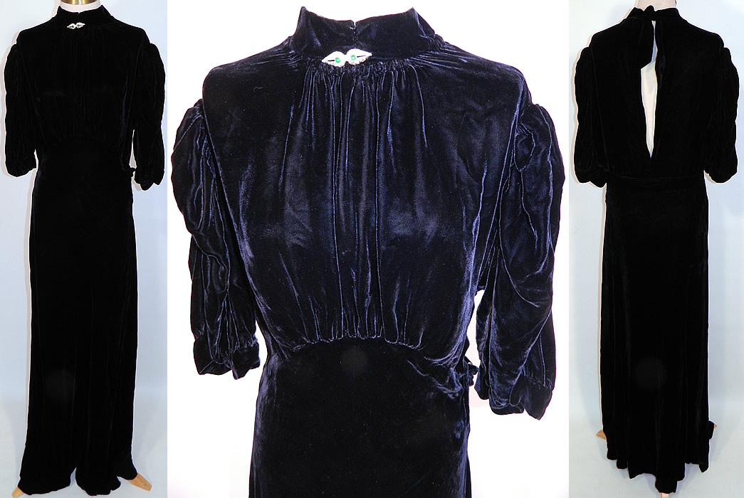 Vintage Black Silk Velvet Rhinestone Pin High Neckline Bias Cut Evening Gown Dress. This vintage black silk velvet rhinestone pin high neckline bias cut evening gown dress dates from the 1930s. It is made of a luxurious black silk velvet fabric, with pleated gathers on the front top.