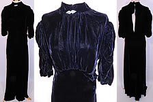 Vintage Black Silk Velvet Rhinestone Pin High Neckline Bias Cut Evening Gown Dress