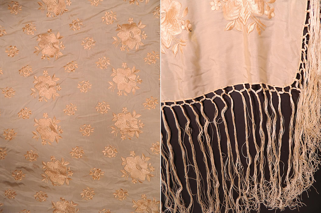 Antique Cream Silk Floral Embroidered Fringe Boho Wedding Piano Shawl. There is a cream color hand knotted silk fringe which measures 14 inches long surrounding the entire shawl. The shawls fabric square measures 54 by 54 inches.